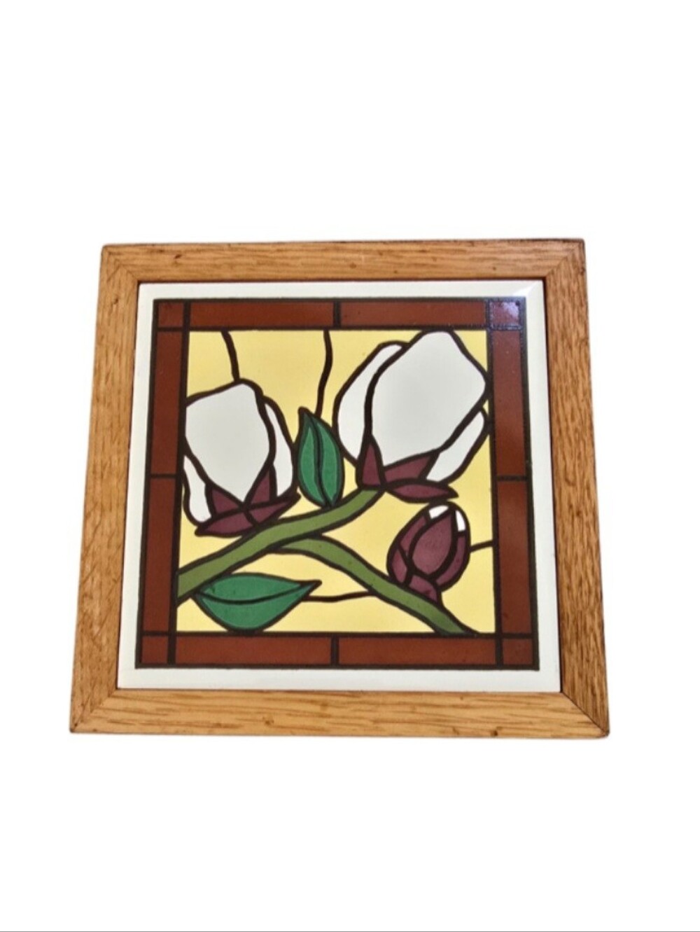 Vintage Oakwood Accents White Rose Flower 7” Square Tile Trivet  Frame Stained